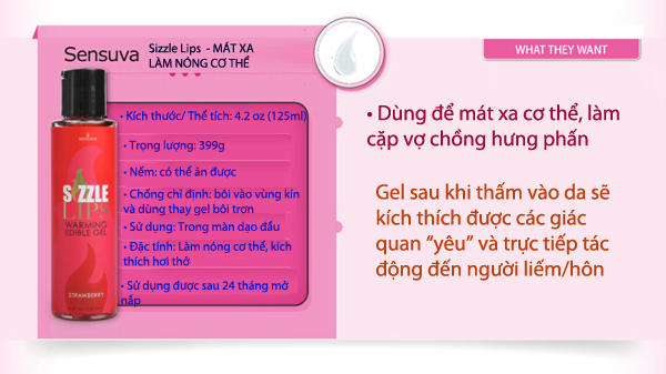 Gel mát xa làm nóng cơ thể nếm được Sensuva Sizzle Lips hương vị dễ chịu