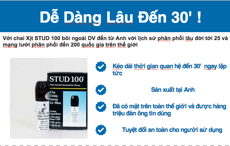 Thuốc xịt STUD 100 kéo dài quan hệ 30 phút chính hãng không tác dụng phụ